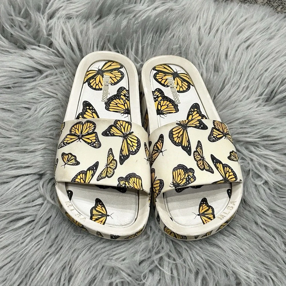 Mini‎ Melissa Girls Youth Size 2 Butterfly Slides Sandals Rubber